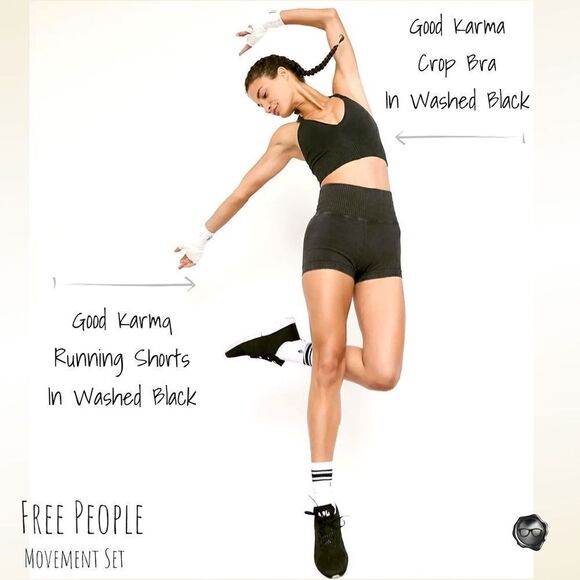 FP MOVEMENT GOOD KARMA CROP TANK BRA + RUNNING SHORTS IN WASHED BLACK XS/S M/L - Picture 2 of 16